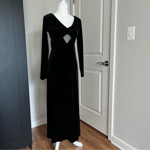 Black velvet maxi long sleeve dress witchy goth v neck mesh keyhole cutout VTG